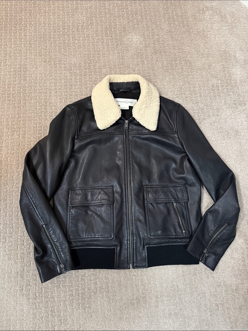 Treasure & Bond Black Bomber Jacket with Cream Faux Sherpa Collar